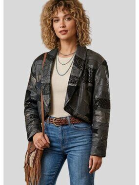 Vintage 90s Patchwork Mixed Media Leather Cropped Jacket Grunge Goth Rare  Small